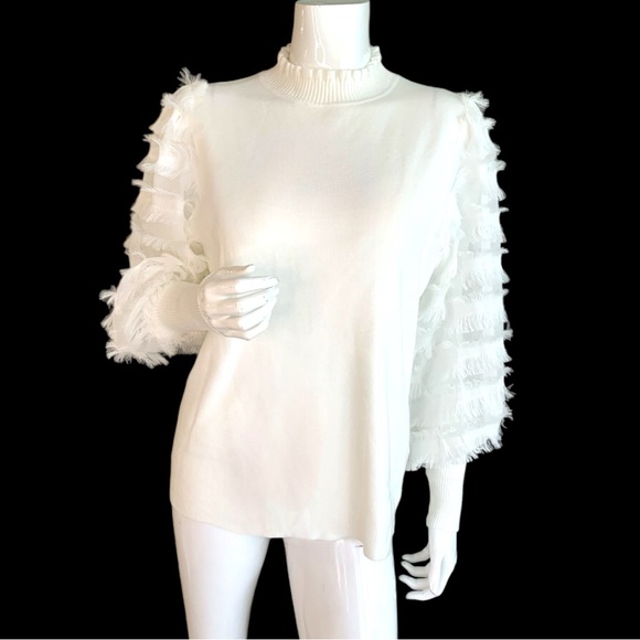 SIONI MILANO WHITE MOCK NECK FRINGE TRIM LONG SLEEVE SWEATER. WOMEN’S SIZE LARGE - Picture 2 of 7